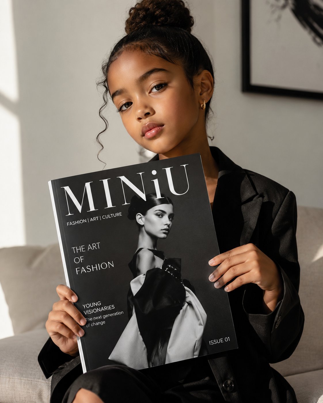 Young woman in black blazer holding the MINiU fashion magazine